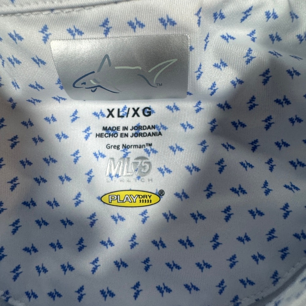 Greg Norman ML75 Stretch Mens XL White Blue Geometric Play Dry Golf Polo Shirt - Picture 5 of 7